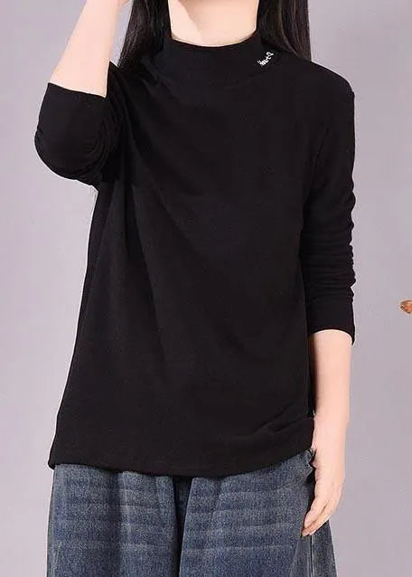 French High Neck Spring Top Silhouette Pattern Black Shirts
