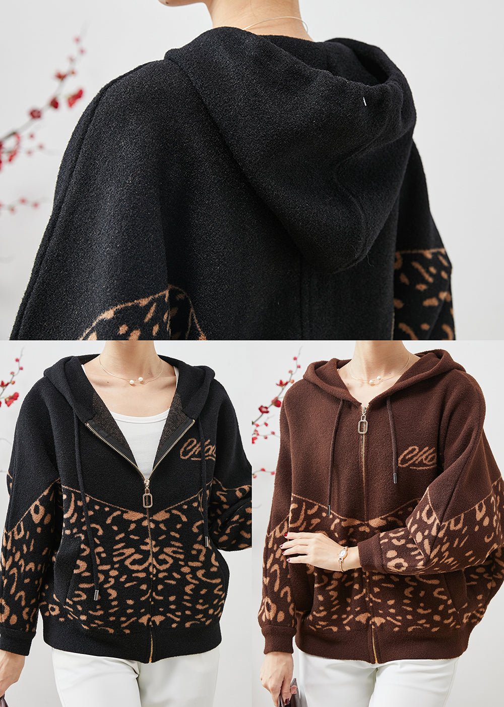 Brown Hooded Print Woolen Coat Spring