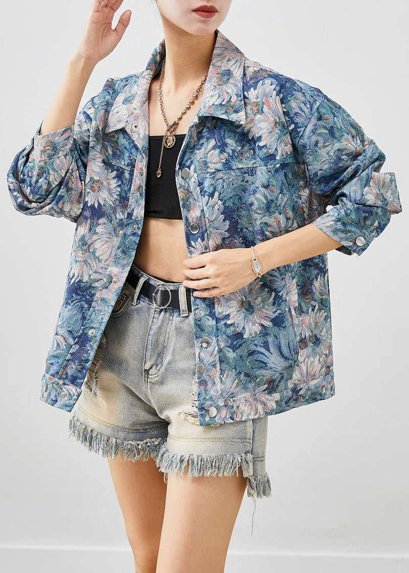 Stylish Blue Painting Cotton Coat Outwear Fall