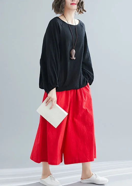 Black O Neck Wrinkled Patchwork Cotton Top Spring