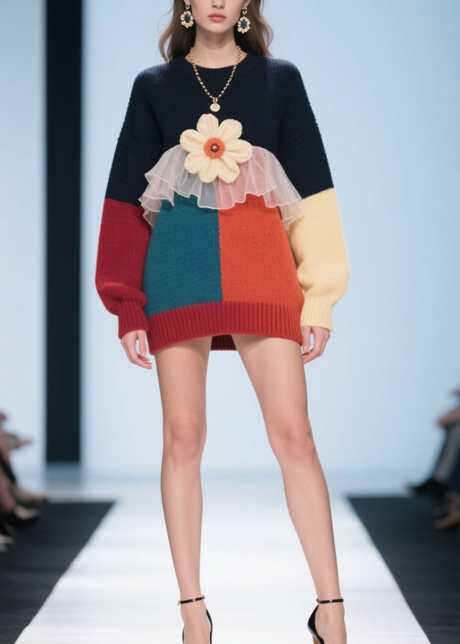 Colorblock O Neck Tulle Patchwork Knit Pullover Fall