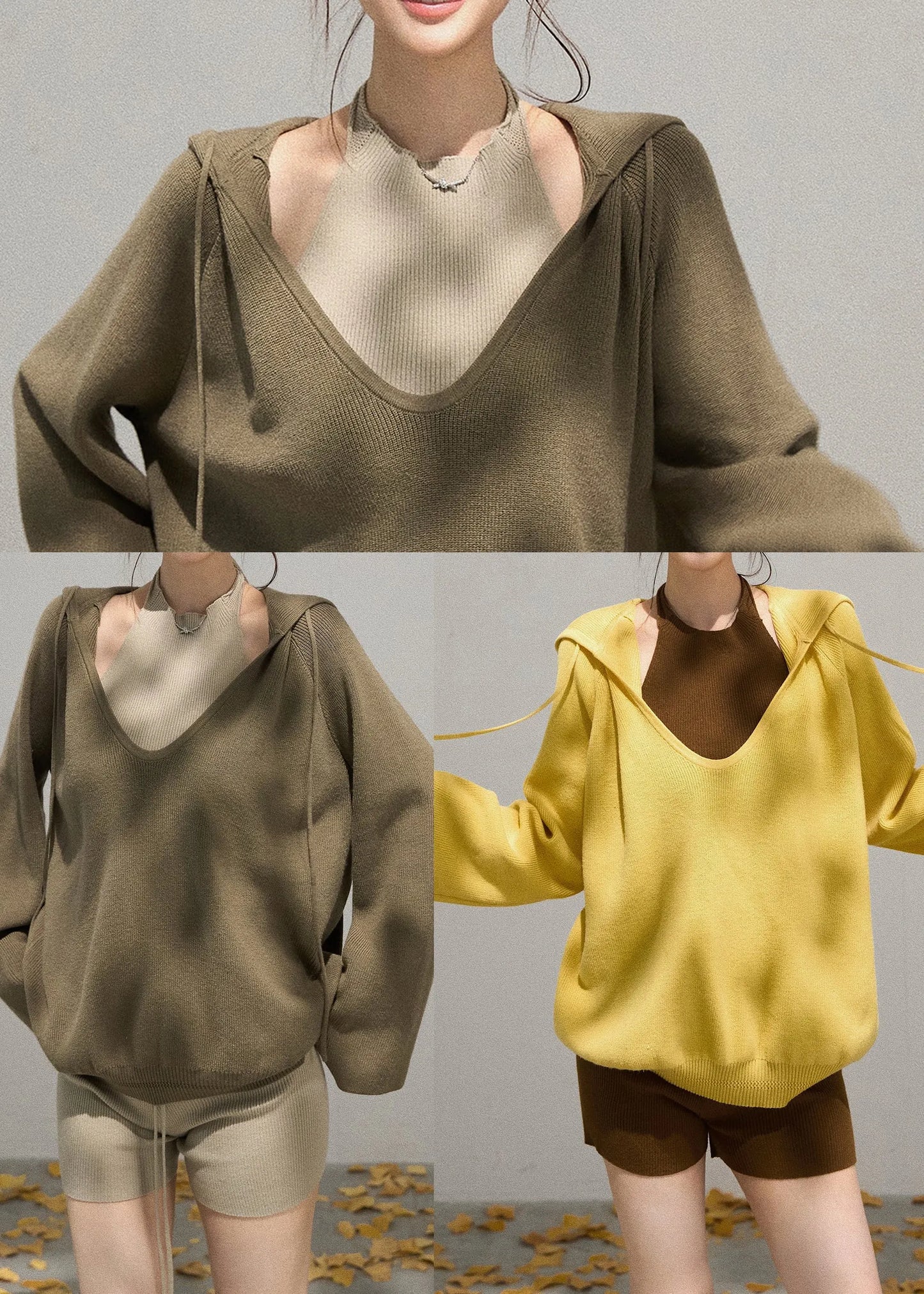 Yellow Hooded Knit Pullover Sweatshirt Fall