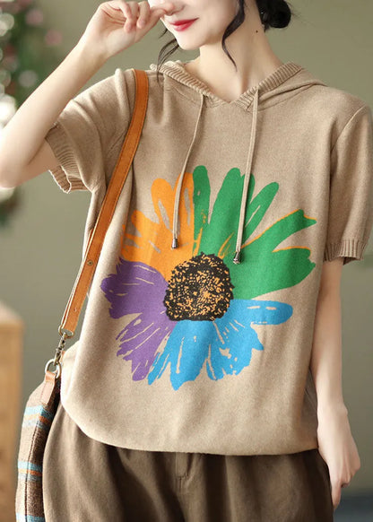 Khaki Print Knit Tank Tops Drawstring Short Sleeve