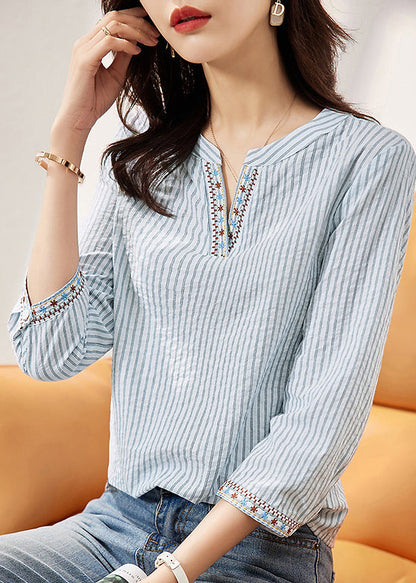 New Blue Embroidered Striped Cotton Blouses Bracelet Sleeve Fall
