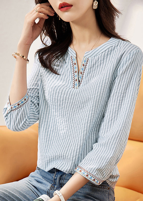 New Blue Embroidered Striped Cotton Blouses Bracelet Sleeve Fall