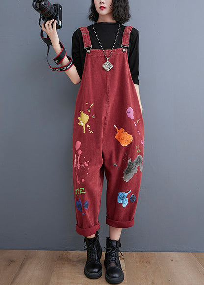 Black Painting Print Denim Jumpsuit Spring