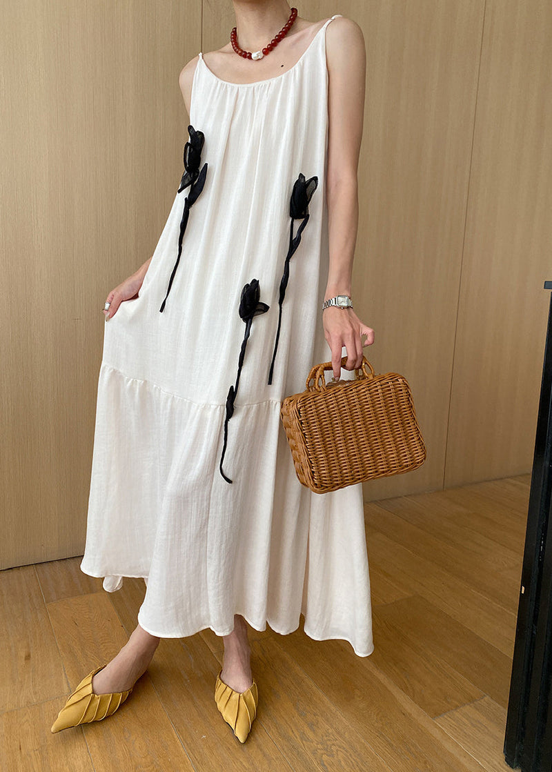 Stylish Beige Decorated Cotton Spaghetti Strap Dress Summer