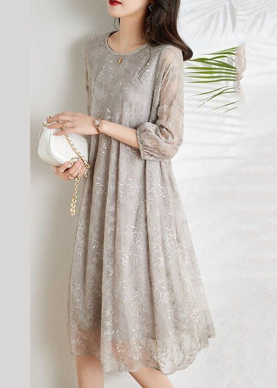 Light Grey Cinched Embroideried Chiffon Vacation Dresses Three Quarter Sleeve