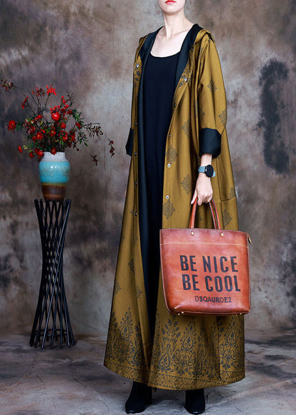 Yellow Hooded Print Satin Trench Coats Spring