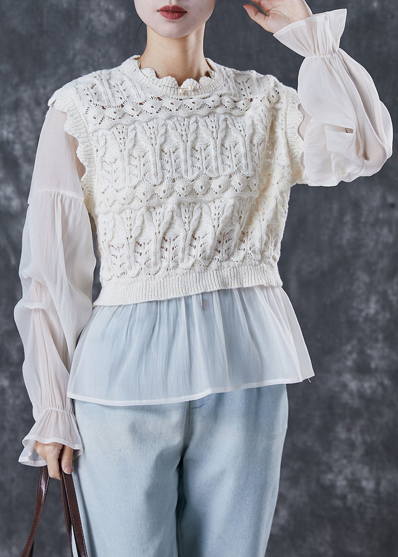 Apricot Patchwork Knit Tops Lantern Sleeve