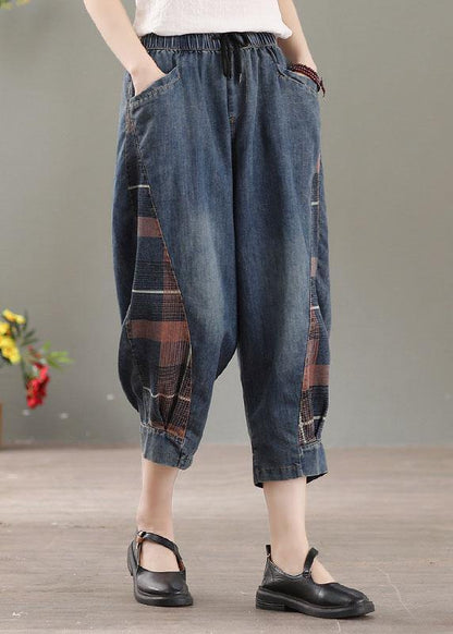 Blue Pockets Patchwork Fall Harem Denim Pants