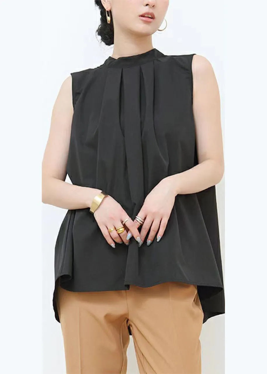 Black Wrinkled Patchwork Bow Cotton Blouses Sleeveless