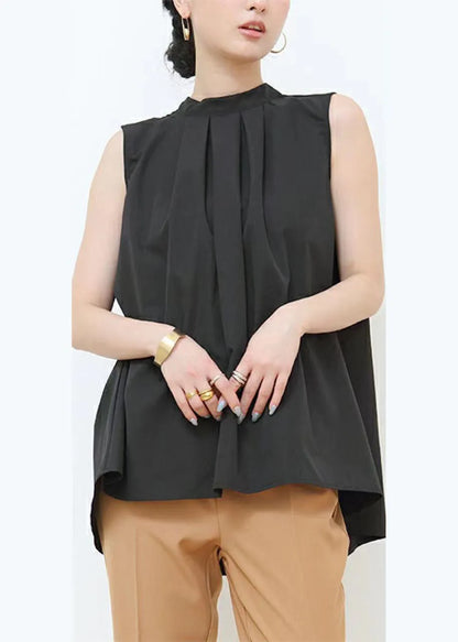 Black Wrinkled Patchwork Bow Cotton Blouses Sleeveless