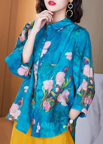 Boutique Lake Blue Peter Pan Collar Print Button Low High Design Ramie Linen Shirt Long Sleeve