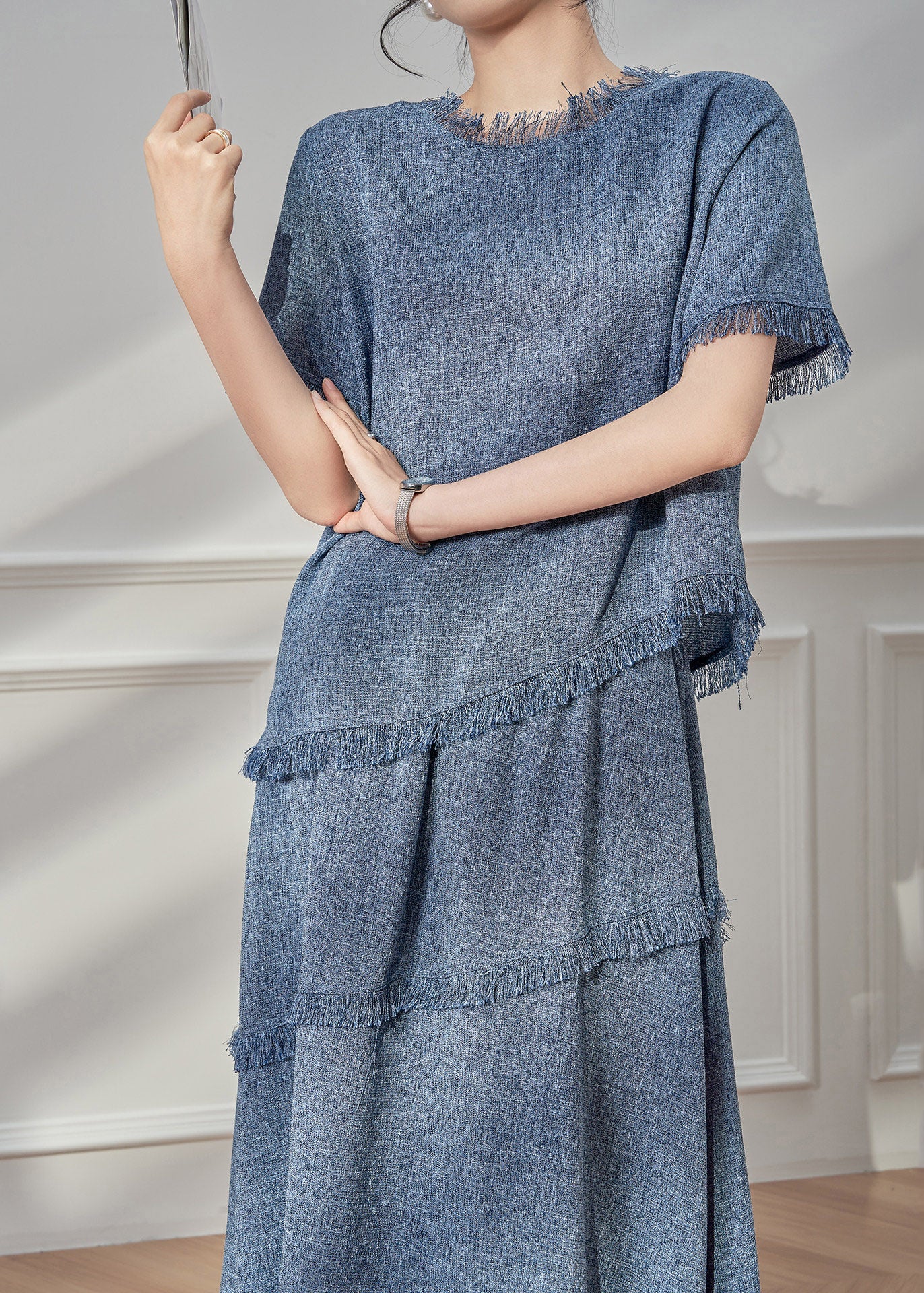 Blue Tassel Patchwork T Shirt and Maxi Skirts Two Pieces Set Short Sleeve