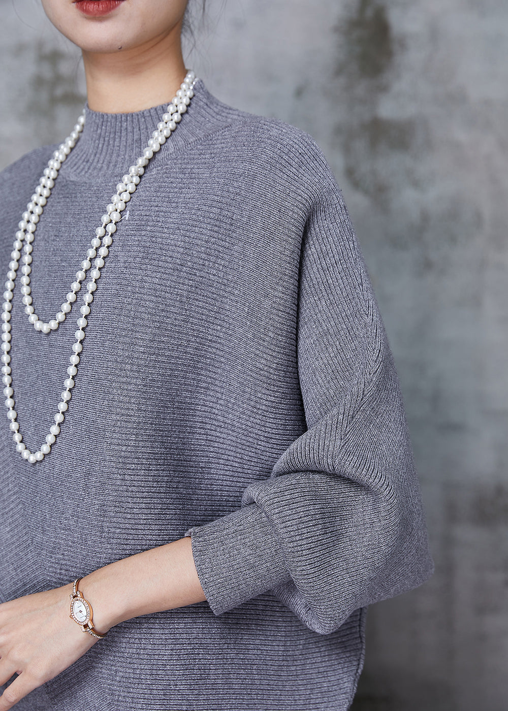 Grey Asymmetrical Design Knit Two Pieces Set Batwing Sleeve