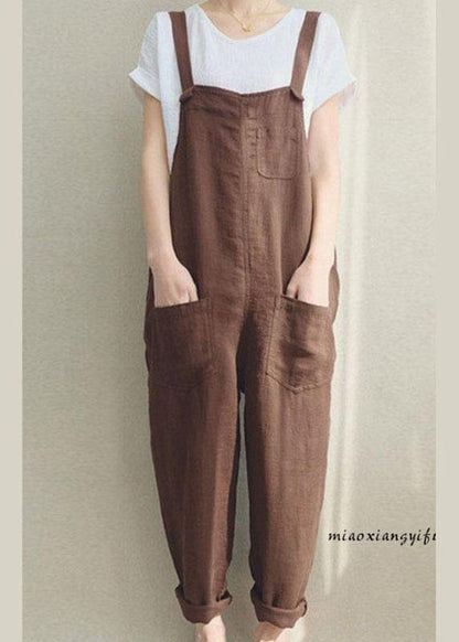 Color Cotton Strappy Pocket Loose Harem Jumpsuit