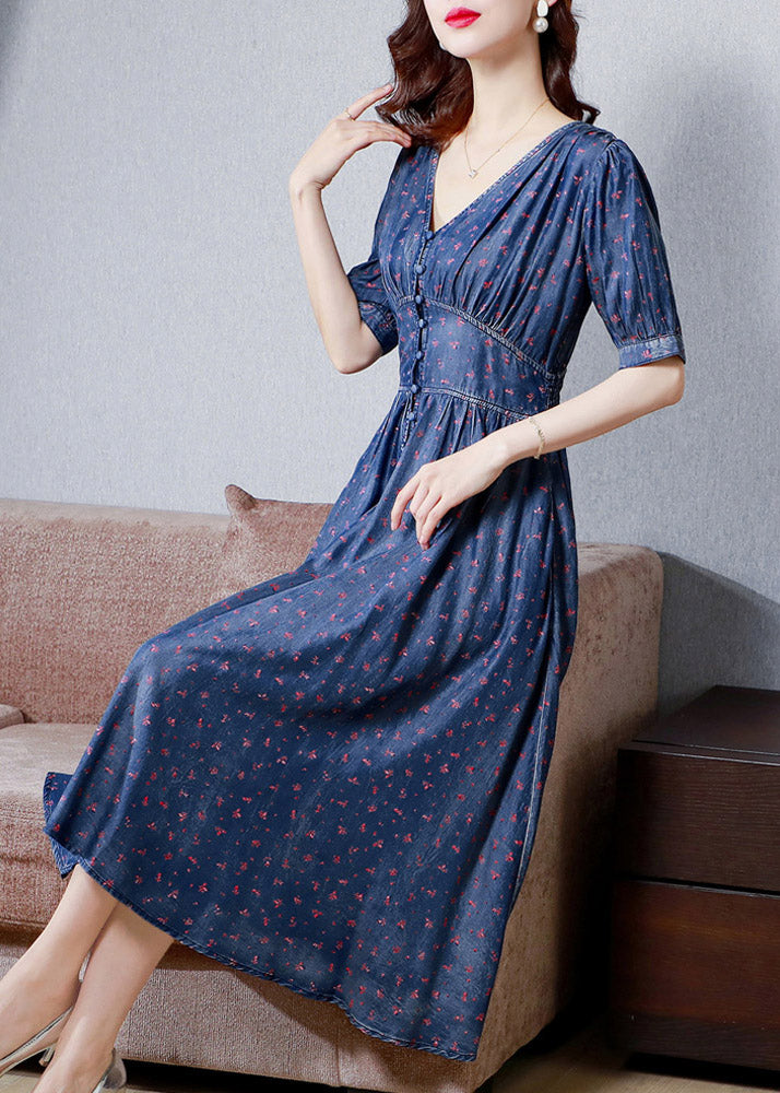 V Neck Print Tunic Silk Denim Long Dress Short Sleeve Summer