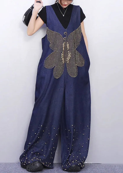 Sparkling Insect Motif Navy Denim Jumpsuits Urban Stance
