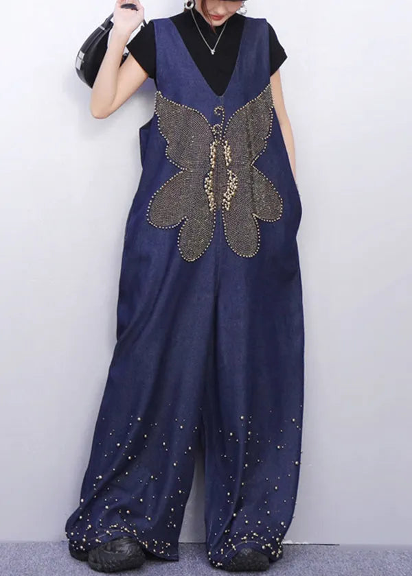 Sparkling Insect Motif Navy Denim Jumpsuits Urban Stance