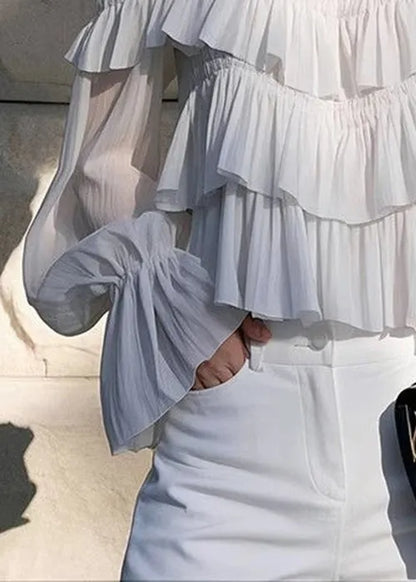 Light Grey Ruffled Chiffon Spaghetti Strap Blouse Flare Sleeve