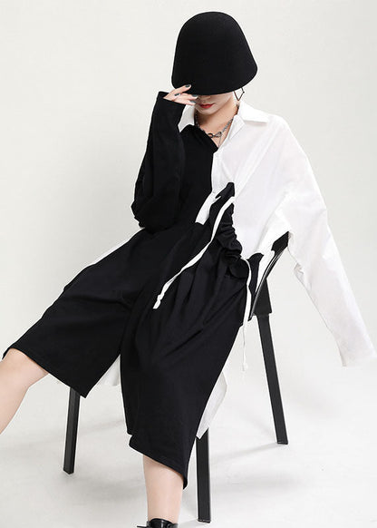 Black White Patchwork Asymmetrical Design Fall Dress Long Sleeve