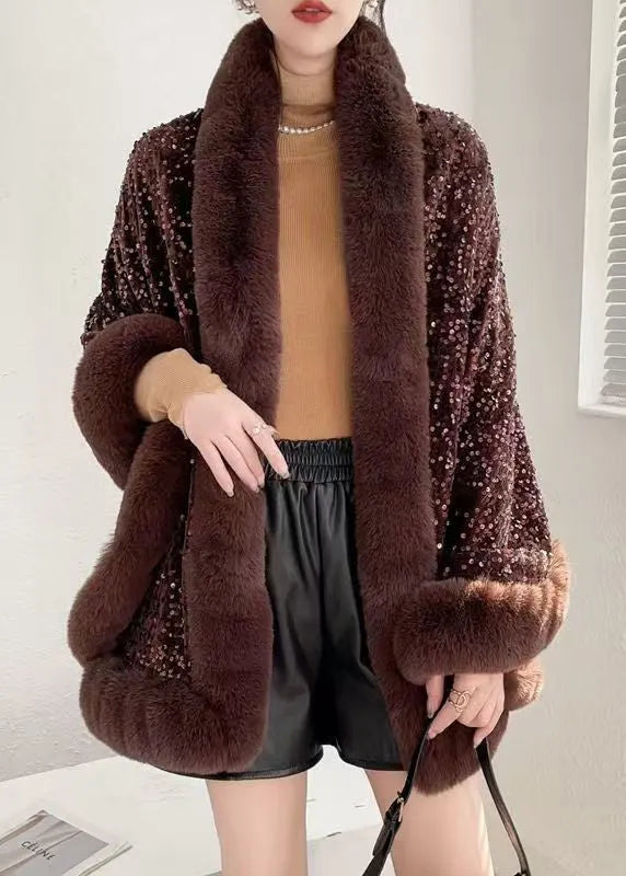 Coffee V Neck Sequins Patchwork Warm Fleece Coat Batwing Sleeve