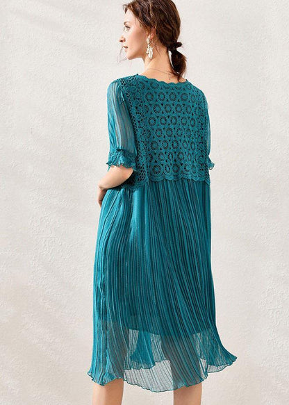 Peacock Blue Chiffon a Line Spring Long Dresses Short Sleeve