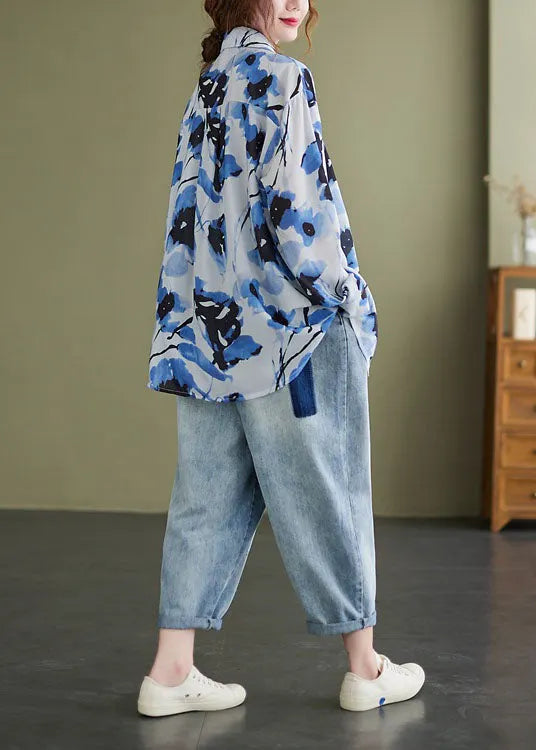 Blue Peterpan Collar Button Print Fall Tops Long Sleeve