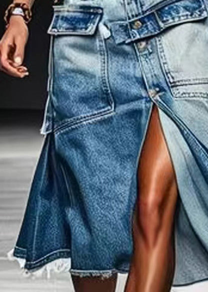 French Blue Button Pockets Front Open Denim Skirt Summer (ships in 24hrs)