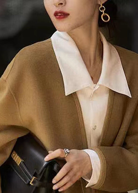 Caramel V Neck Button Pockets Patchwork Woolen Coats Long Sleeve