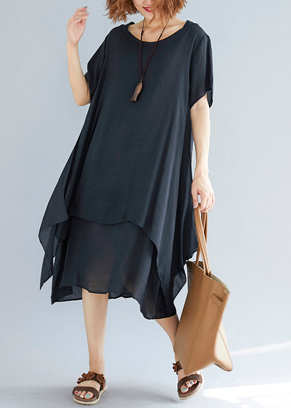 Vivid Brown Necklace Linen-cotton Tunics for Fabrics O Neck Asymmetric Oversized Summer Dress