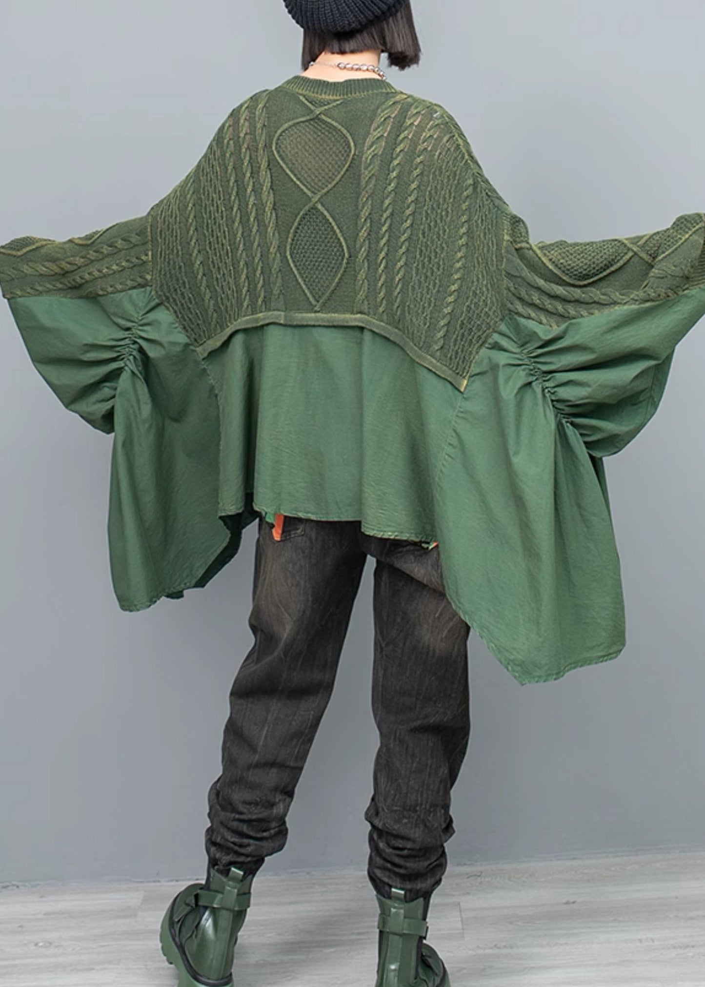 Green Patchwork Knit Pullover V Neck Ruffled Batwing Sleeve Fall