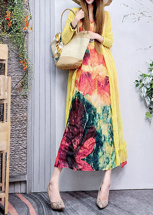 Fitted V Neck Print Linen Dress Spring