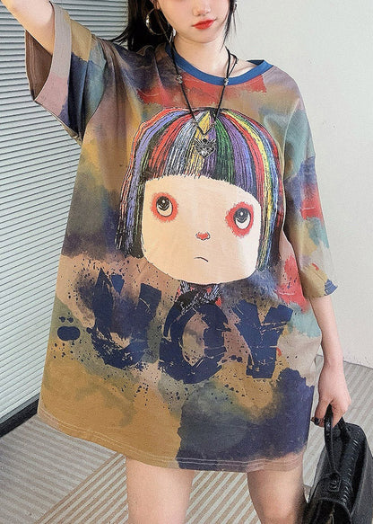 Khaki O Neck Print Cotton T Shirt Half Sleeve