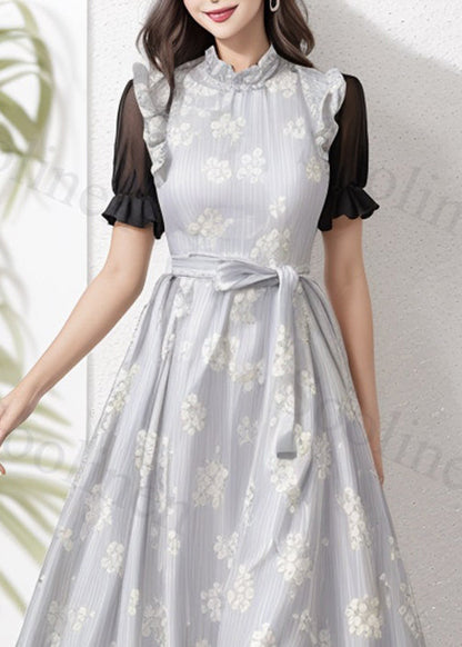 Art Grey Ruffled Tie Waist Silk Long Dresses Summer