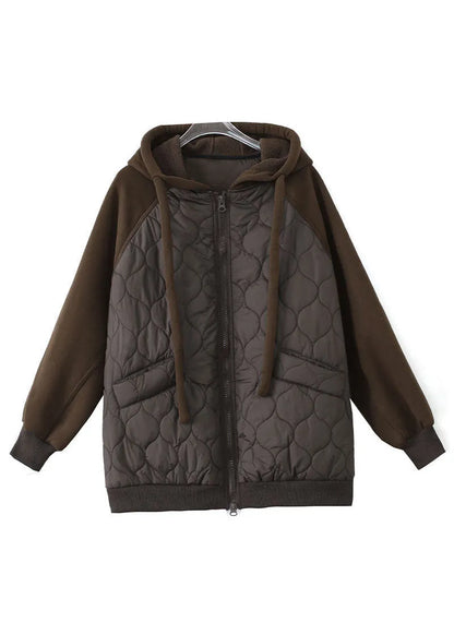 Chocolate Hooded Drawstring Patchwork Fine Cotton Filled Witner Coat