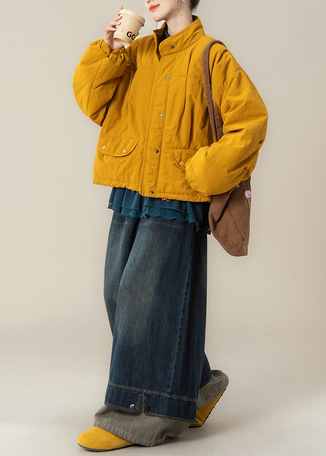 Japanese Yellow Stand Collar Fine Cotton Filled Jacket T Shirt and Wide Leg Pants Set