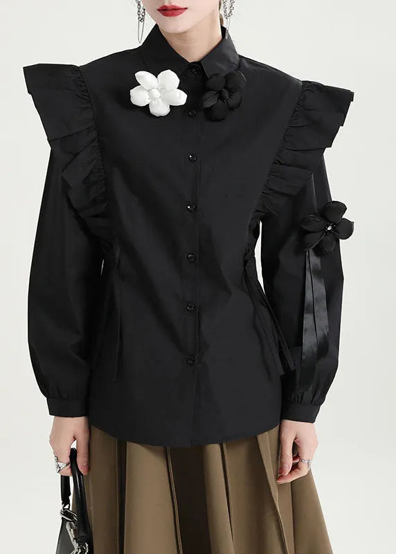 Boutique Black Butterfly Sleeve Button Peter Pan Collar Shirt