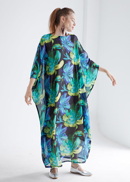 Green O Neck Print Chiffon Robe Dress Summer