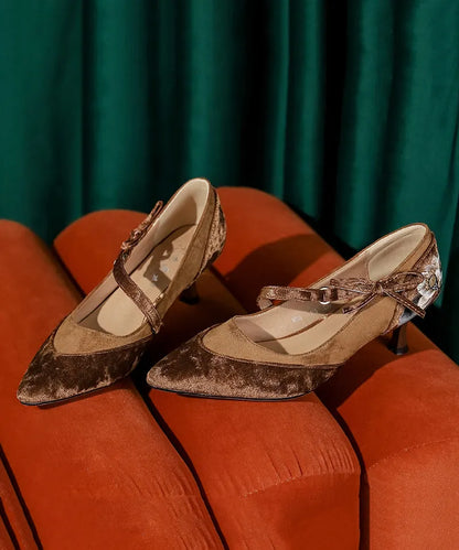 New Brown Embroidered Buckle Strap Velour High Heels
