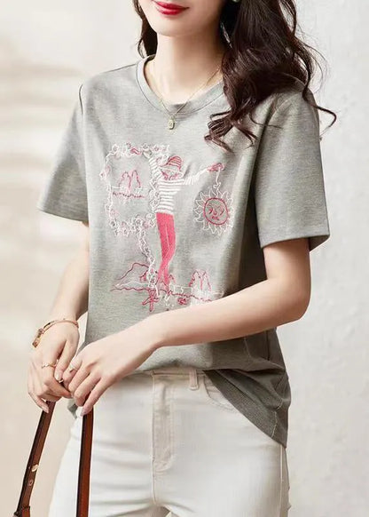 Grey O Neck Embroideried Patchwork Cotton T Shirt Summer