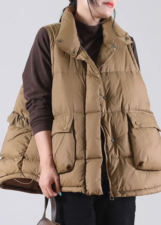Chocolate Ruffled Pockets Duck Down Sleeveless Down Vest