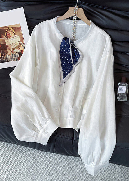 Stylish White Bow Button Cotton Blouses Fall