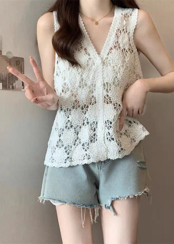 White V Neck Knit Tops Sleeveless