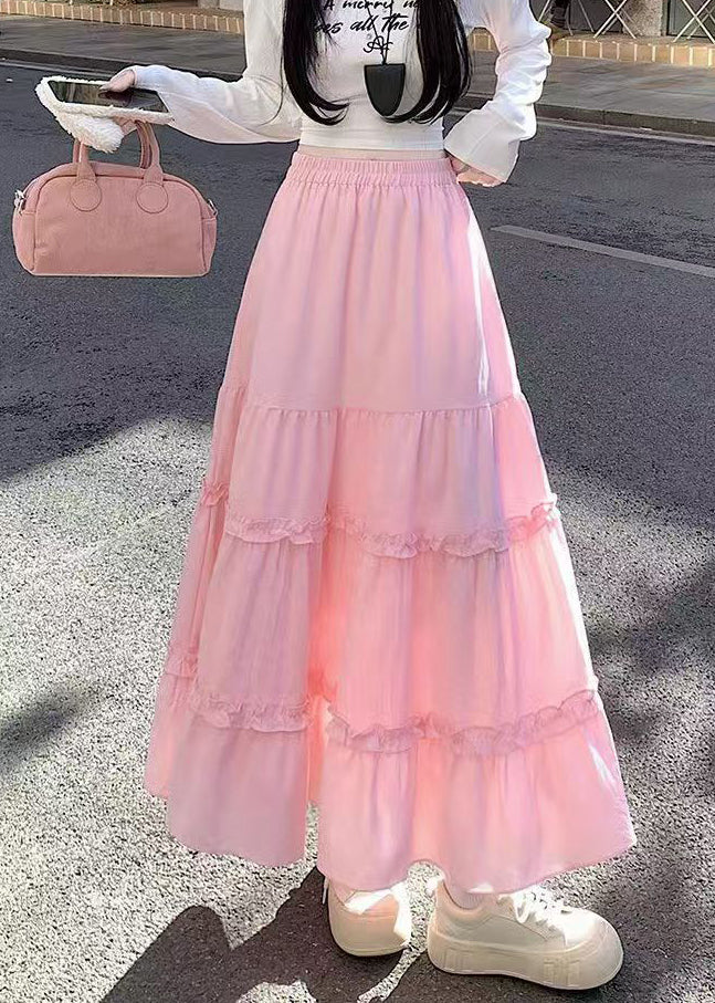 Pink Ruffled Patchwork Cotton Skirt Fall