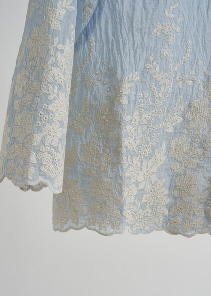 Sky Blue Embroidered Cotton Tops Fall
