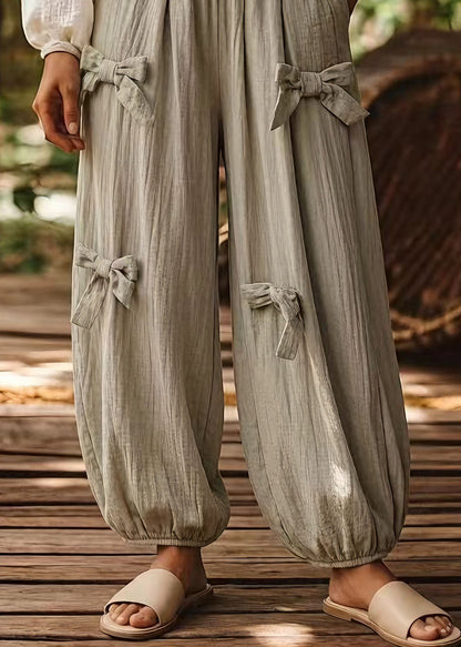 Green Pockets Bow Elastic Waist Cotton Pants Summer