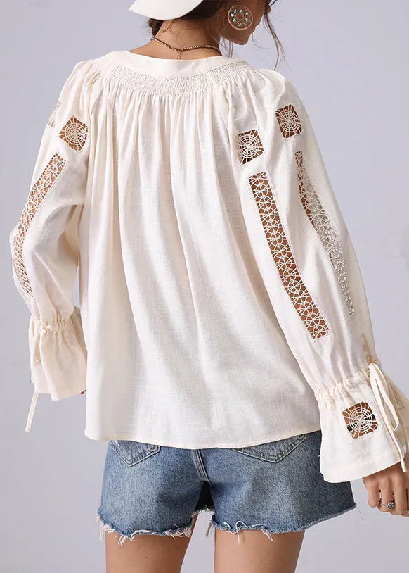 Apricot Hollow Out Lace Up Shirt Flare Sleeve