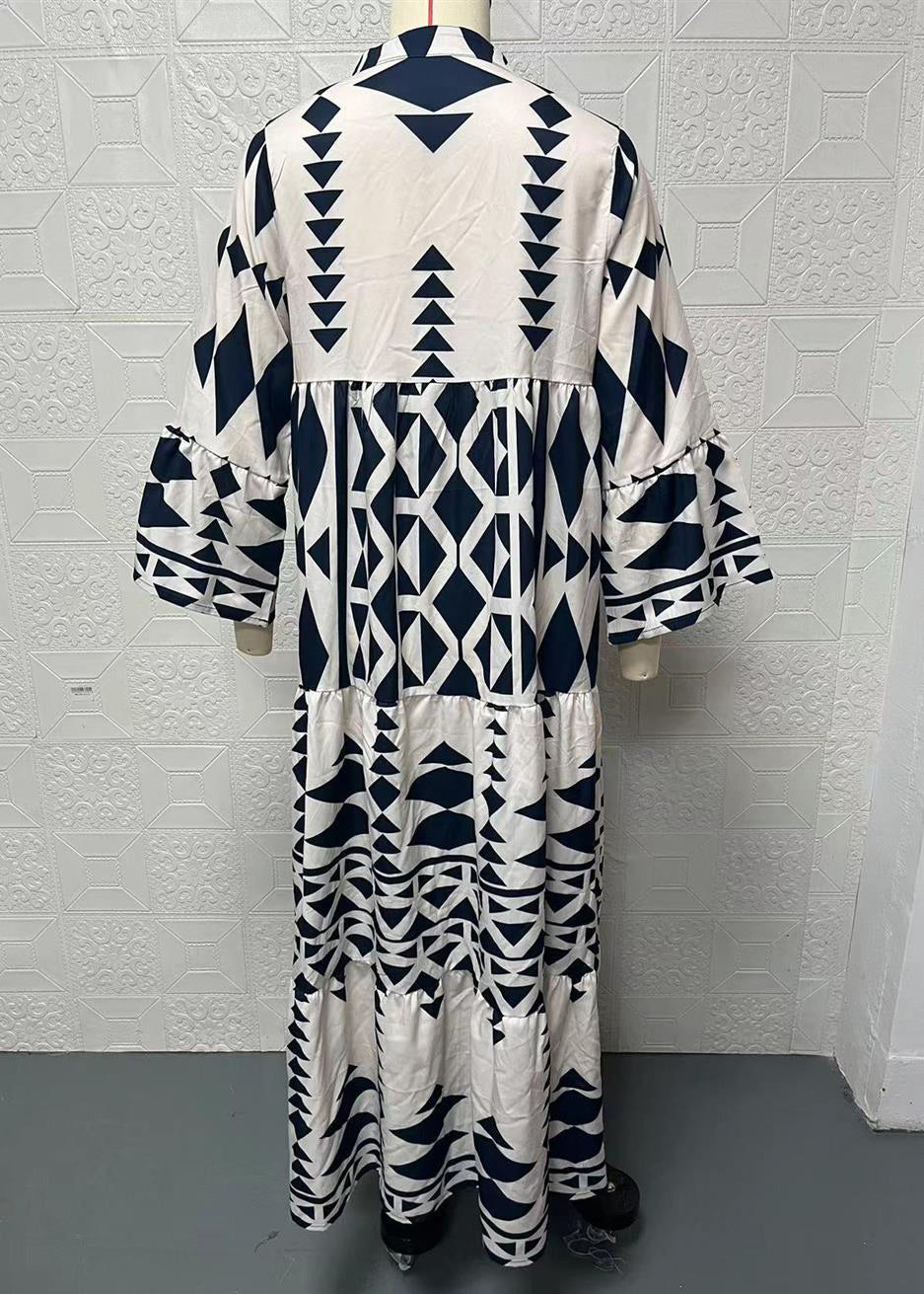 Black Stand Collar Print Long Shirts Dresses Spring